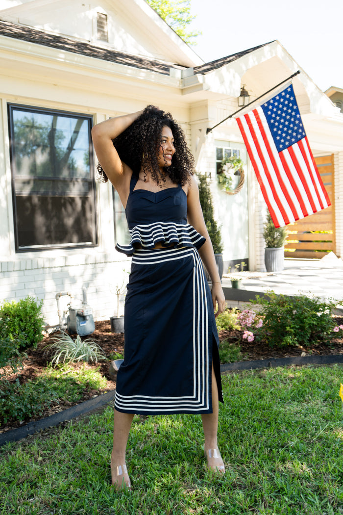 Cord Detail Peplum Top and Wrap Midi Skirt Set