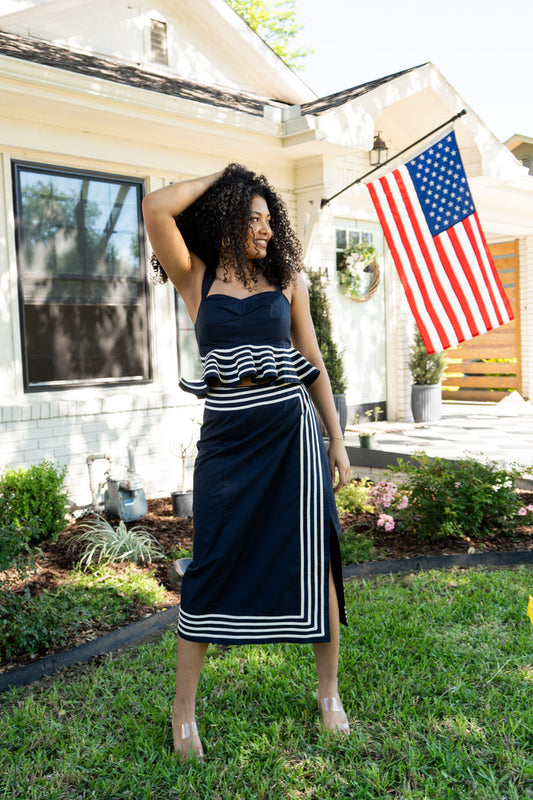 Cord Detail Peplum Top and Wrap Midi Skirt Set