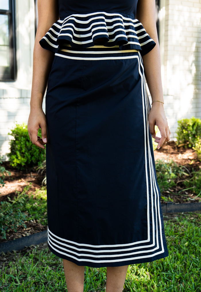 Cord Detail Peplum Top and Wrap Midi Skirt Set