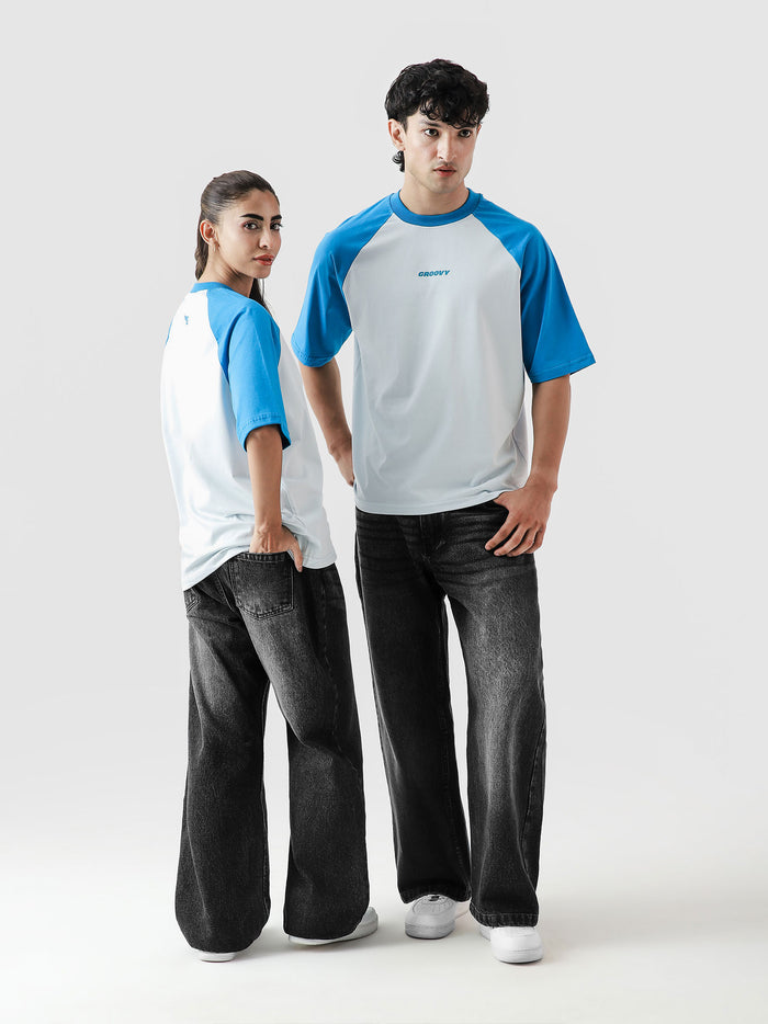CORE tees electric blue raglan female model front view Pakistan – GROOVY