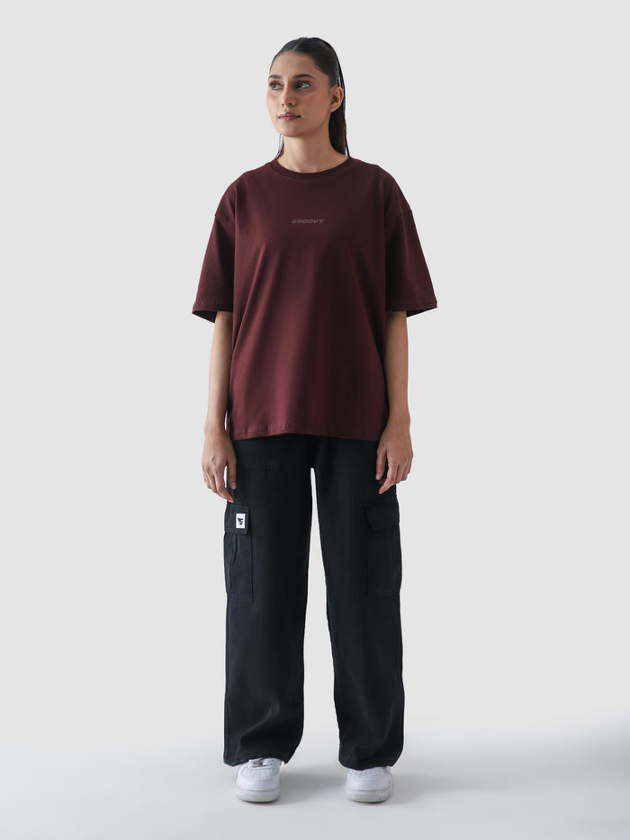 Maroon CORE tee female model back view streetwear Pakistan – GROOVY