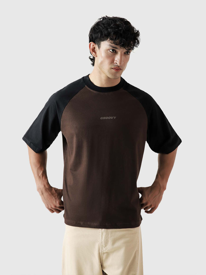 CORE tees mocha raglan male model back view contrast sleeve Pakistan – GROOVY