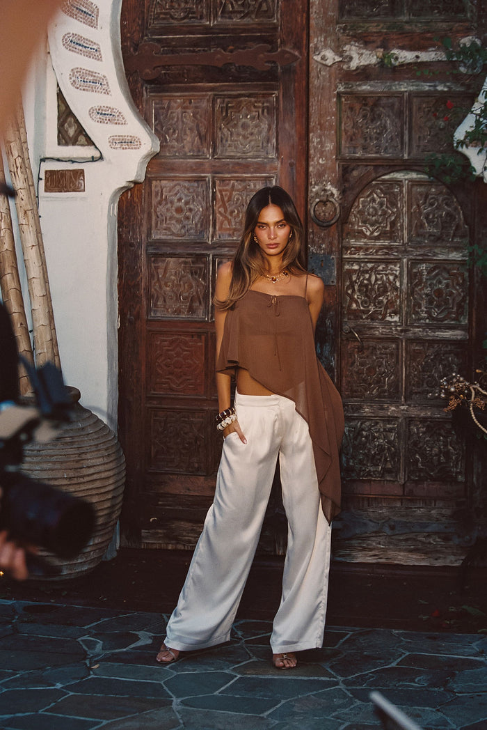 Mocha top with refined detailing and a flattering silhouette.