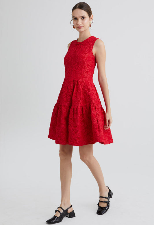 Crimson Embossed Bloom Midi Dress