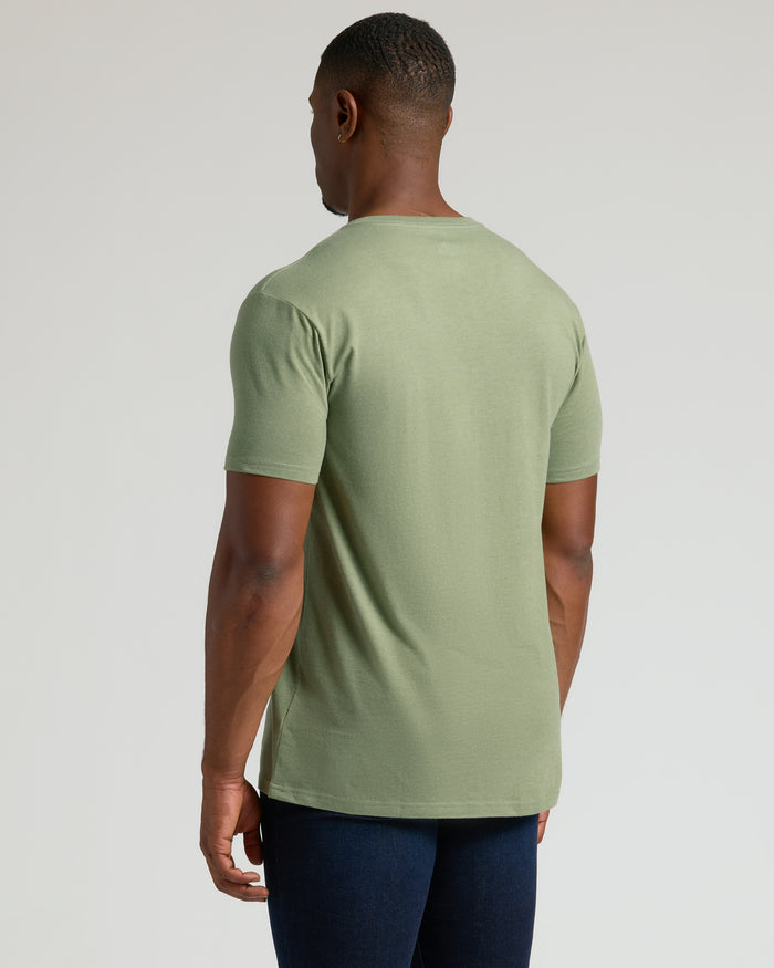 Dark Heather Bay Green Tall Classic V-Neck, rear view, showcasing tailored fit.