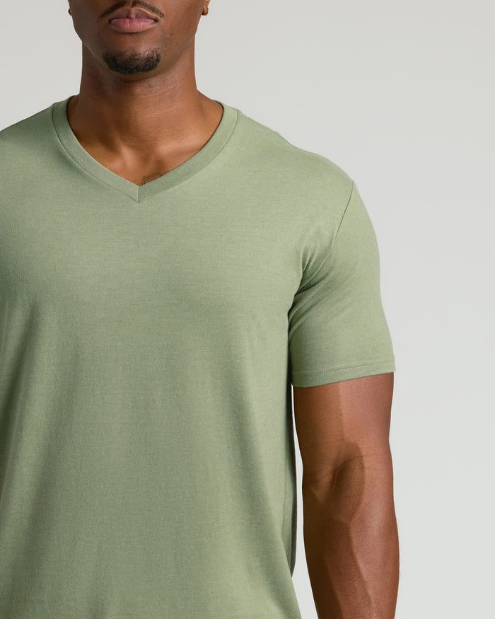 Man wearing Dark Heather Bay Green Tall Classic V-Neck T-shirt.