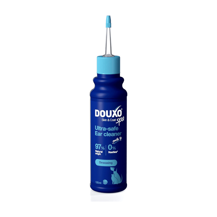 White background with a blue bottle of Douxo Ultra-safe Ear Cleaner with aqua blue nozzle.
