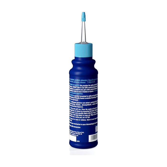 White background with a back view of a  blue bottle of Douxo Ultra-safe Ear Cleaner with aqua blue nozzle.