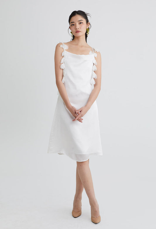 Draped 3D Petals Applique Satin Midi Dress