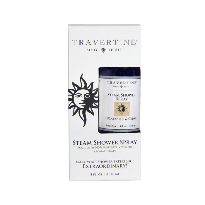 Eucalyptus + Cedar Steam Shower Spray (4oz) | Travertine Spa in white and navy packaging featuring aromatherapy eucalyptus oil for an enhanced shower experience.