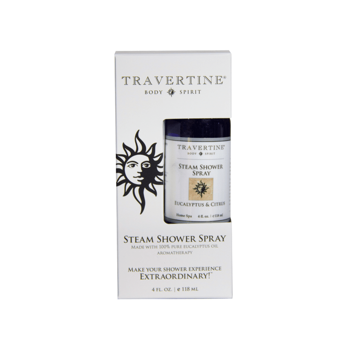 Eucalyptus + Citrus Steam Shower Spray | Travertine Spa in a white box with black and gold text, designed for aromatherapy and enhancing the shower experience.
