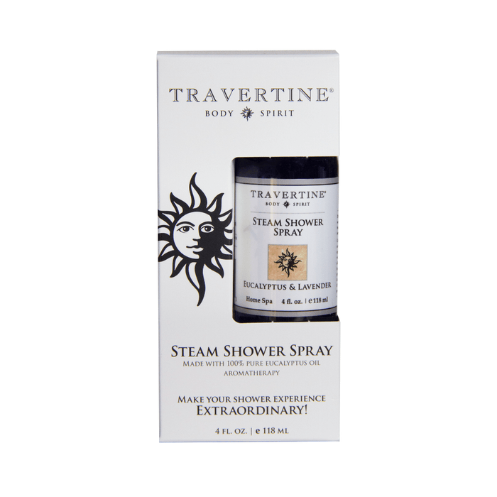 Eucalyptus + Lavender Steam Shower Spray | Travertine Spa in a white box featuring black sun logo, promoting aromatherapy and enhancing shower wellness experience.