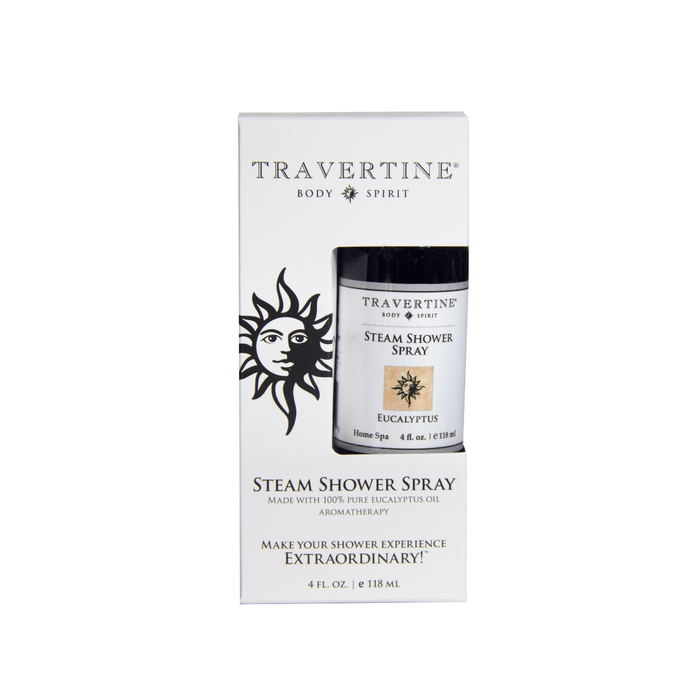 Eucalyptus Steam Shower Spray | Travertine Spa bottle in white and black packaging with a sun logo, promoting aromatherapy and an extraordinary shower experience.