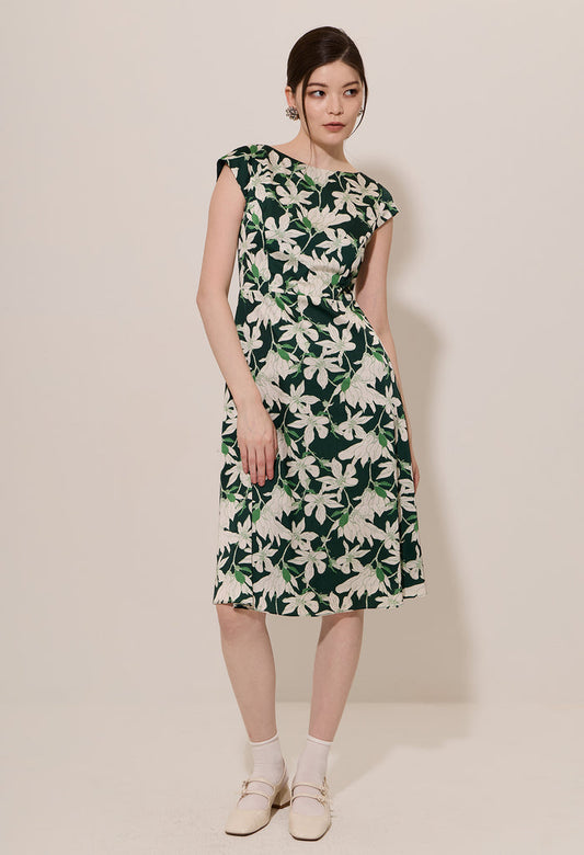 Floral Print Cap Sleeve A-line Midi Dress