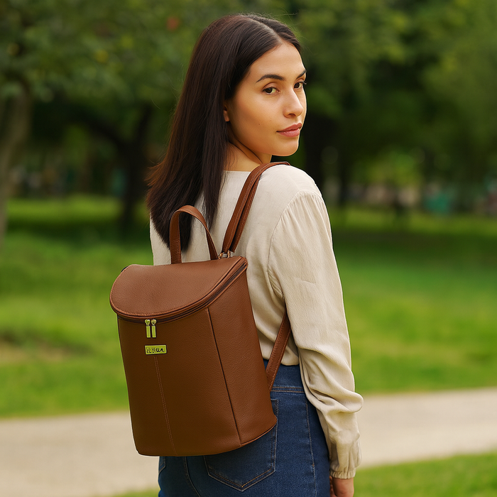 Women's brown leather backpack daypack for work, travel, and daily use-model image