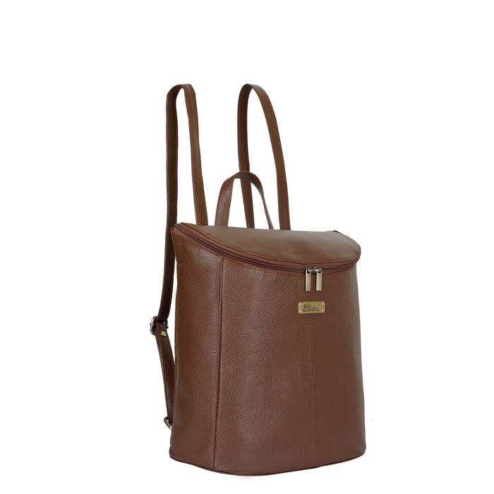 Women's brown leather backpack daypack for work, travel, and daily use-half side view