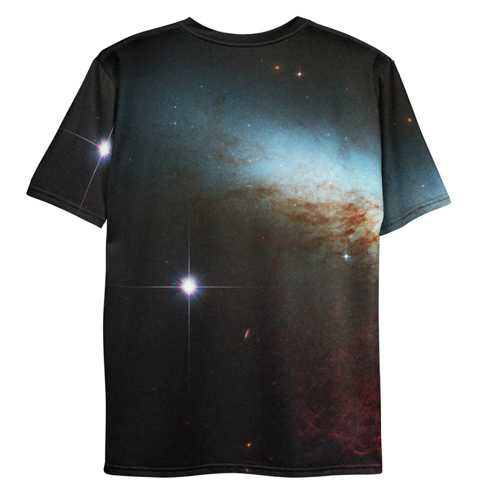 Glorious Space Bear T-Shirt - The surreal juxtaposition of the high-contrast roaring bear against the deep #050505 void, specifically the aviator lenses reflecting the #4F97A3 nebula mist and #8B4513 cosmic dust patterns.