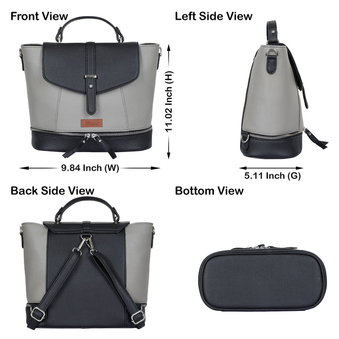 Women’s grey vegan leather convertible backpack purse for everyday, work and travel-infographic image