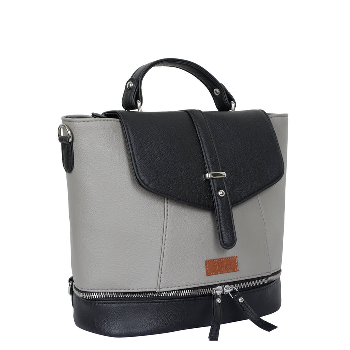 Women’s grey vegan leather convertible backpack purse for everyday, work and travel-half side view