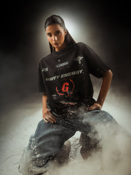Graphic close-up showing “GRVY ENERGY” branding with red “G” symbol and gothic futuristic elements – ideal for streetwear lovers.