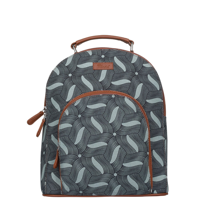 Olive green printed canvas travel backpack with slim vertical silhouette for travel and everyday use