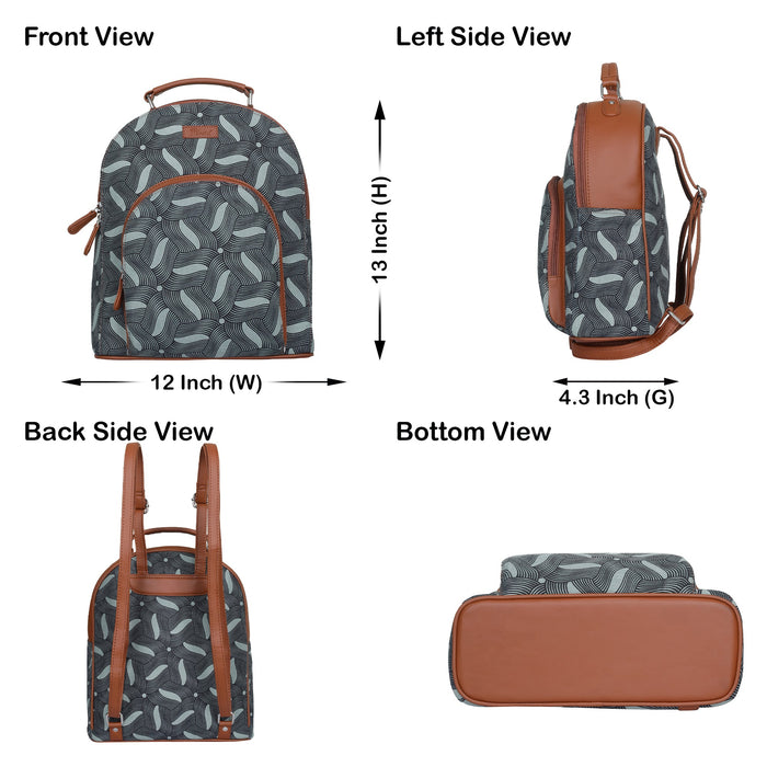 Olive green printed canvas travel backpack with slim vertical silhouette for travel and everyday use-infographic image