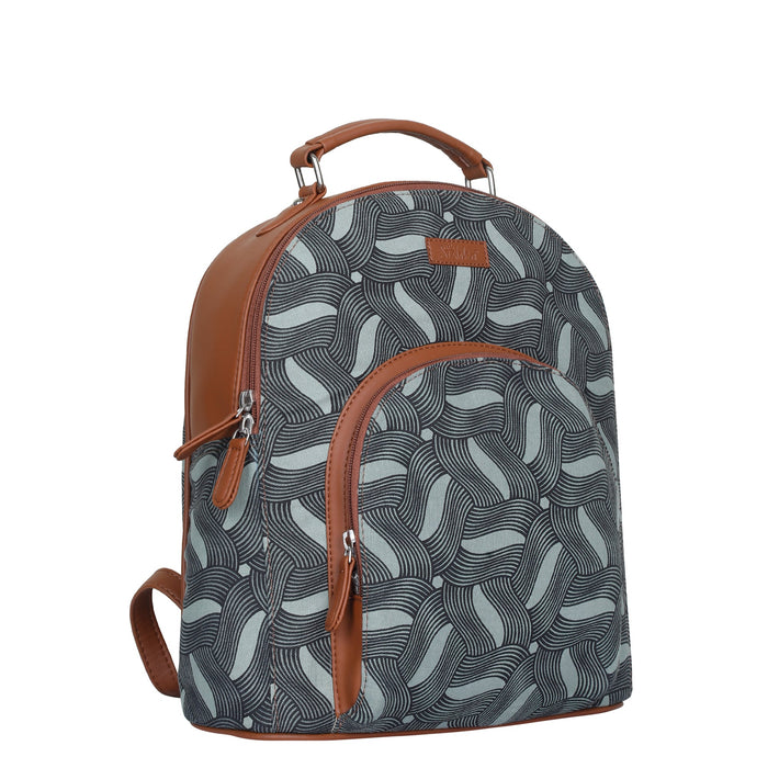 Olive green printed canvas travel backpack with slim vertical silhouette for travel and everyday use-half side view