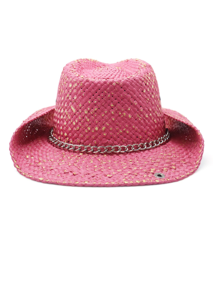 Pink straw hat with chain detail