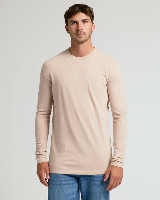 Heather Camel Tall Long Sleeve T-Shirt on young man, showcasing fit.