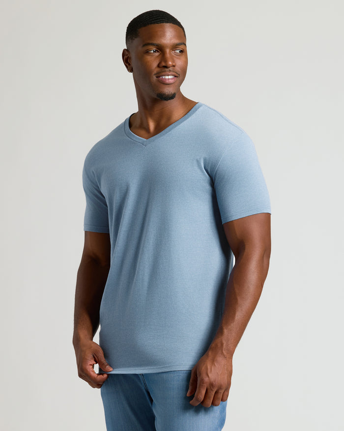 Heather Indigo Tall Short Sleeve Classic V-Neck worn by young man.