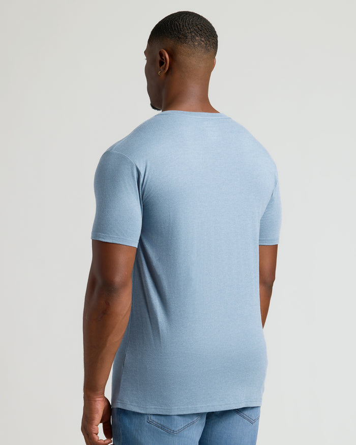 Heather Indigo Tall Short Sleeve Classic V-Neck, back view, on man.