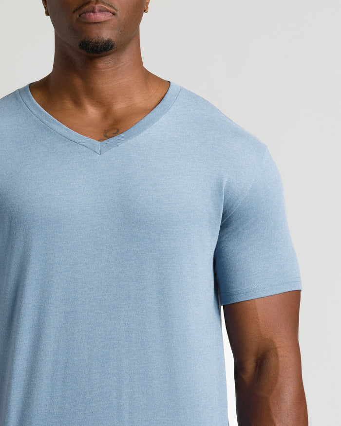 Heather Indigo Tall Short Sleeve Classic V-Neck on man, showcasing fit and tattoo.
