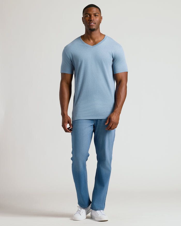 Heather Indigo Tall Short Sleeve Classic V-Neck on a relaxed young man.