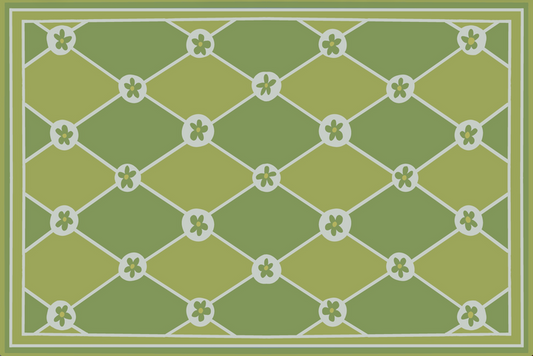 "Hopscotch & Daisies" Green on Green Checkerboard Cottage Floral Vinyl Floor Mat - 24"x36"