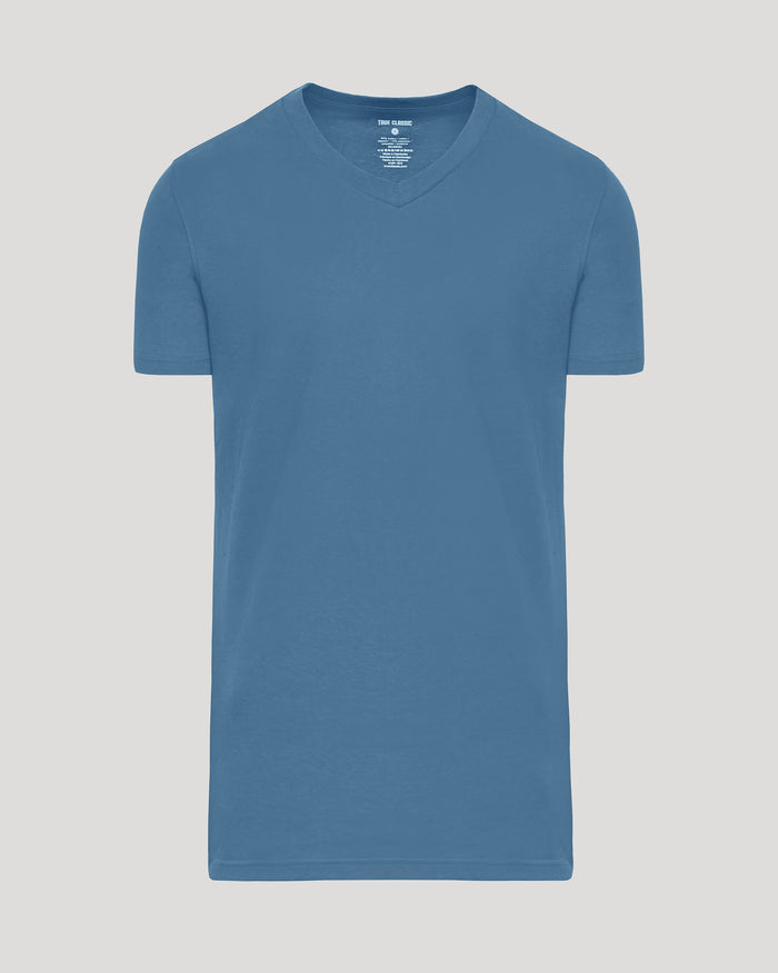 Indigo Tall Short Sleeve Classic V-Neck laid flat, showcasing fitted style.