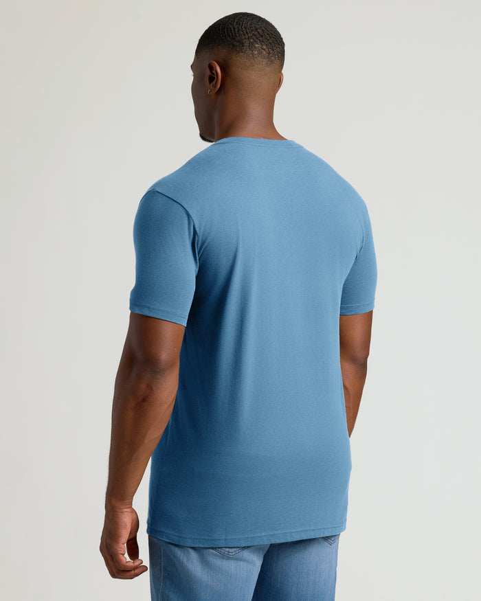 Indigo Tall Short Sleeve Classic V-Neck on man, back view.