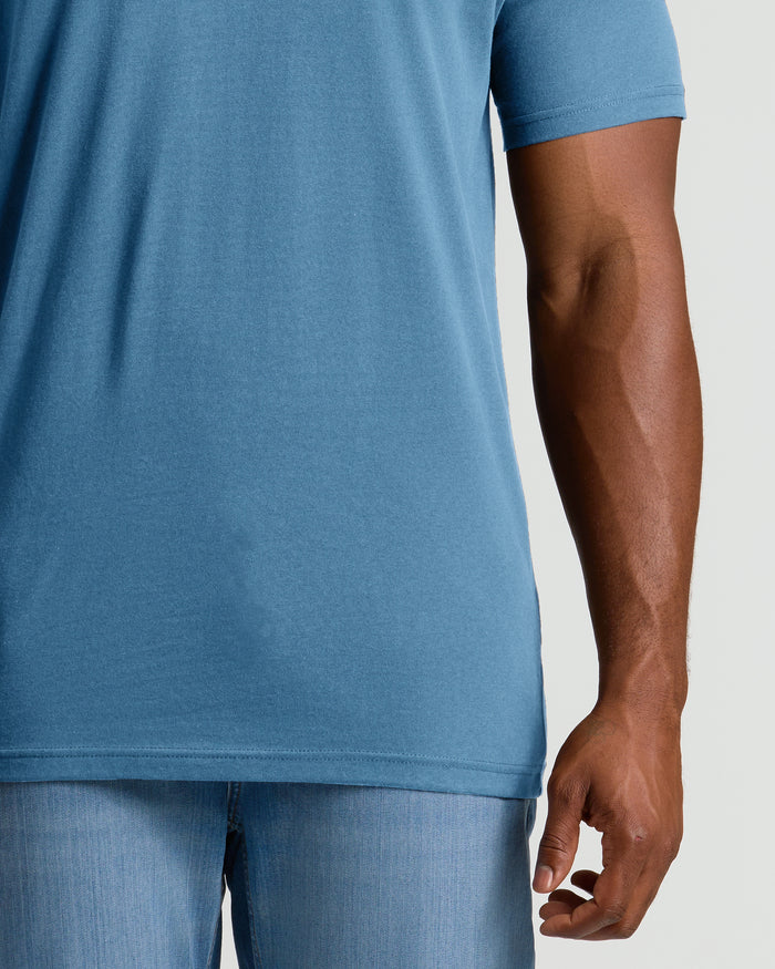 Indigo Tall V-Neck on model, emphasizing tailored fit and added length.