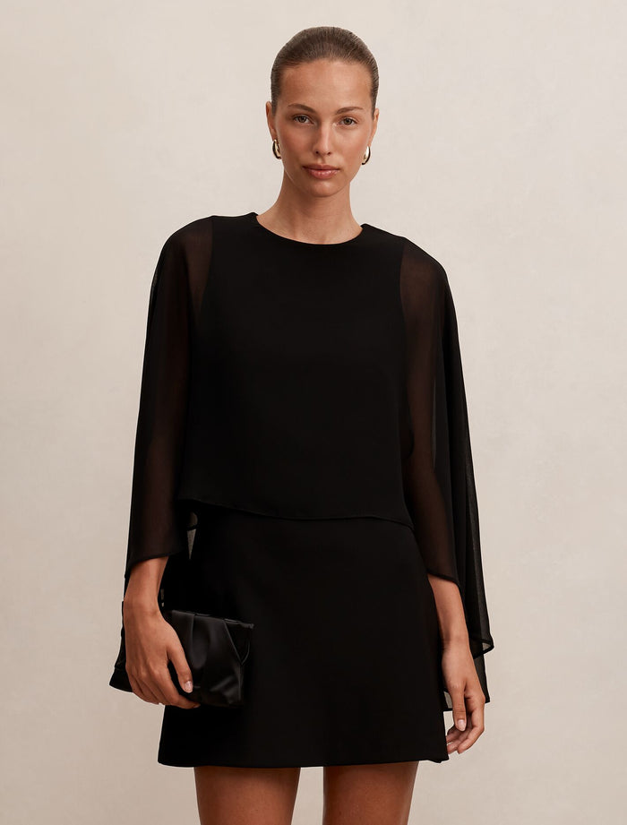 Irena Sheer Cape Mini Dress Black Forever New