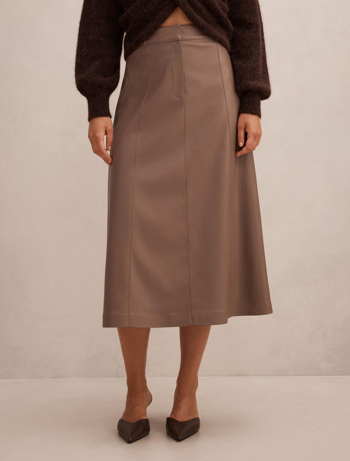 Isla Vegan Leather Midi Skirt Deep Taupe Forever New