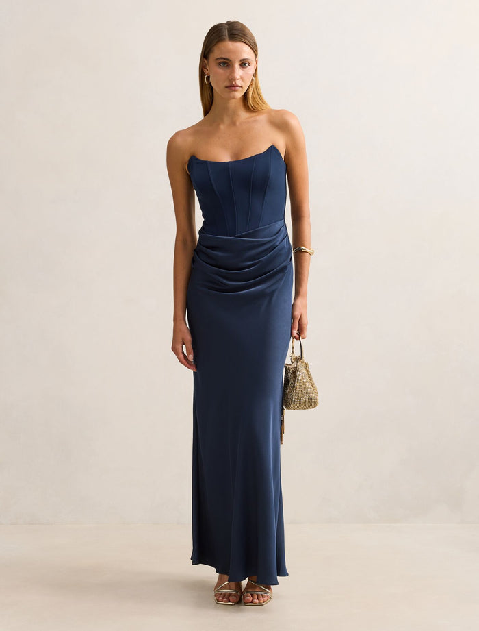 Isra Drape Strapless Maxi Dress Navy Forever New
