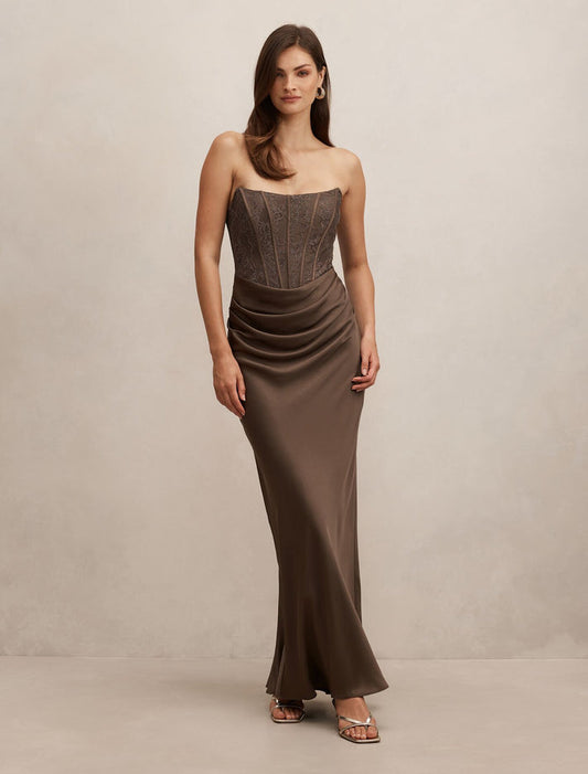 Ivy Lace Corset Drape Maxi Dress Olive Night Forever New