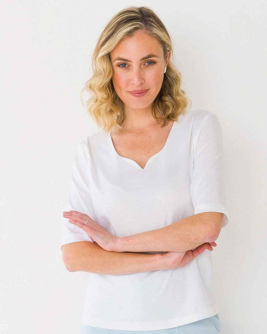 Jodie Sweetheart Neck 3/4 Sleeve Silky Cotton Top - White - The Classic Boutique