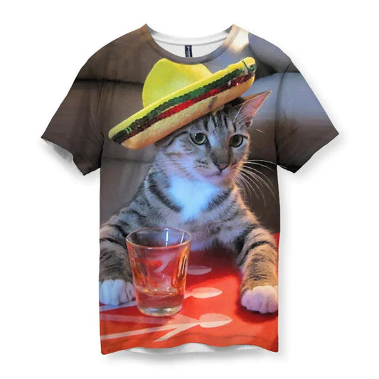 A stoic, photorealistic tabby cat in slate stripe greys poses human-like while wearing a festive citrus zest yellow sombrero (complete with woven trim). Contact us with accessibility feedback, we'd love to help!