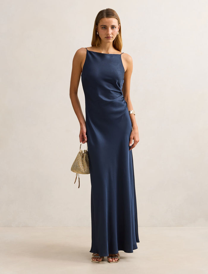 Josie Satin Tie Back Maxi Dress Navy Forever New