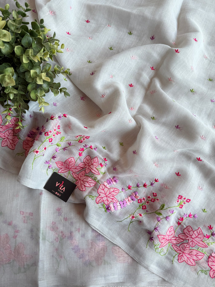 Kana machine emb linen cotton saree