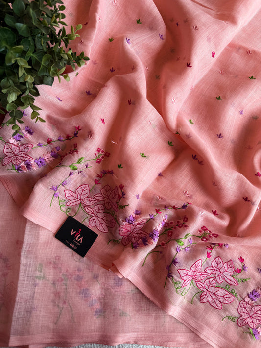 Kana machine emb linen cotton saree