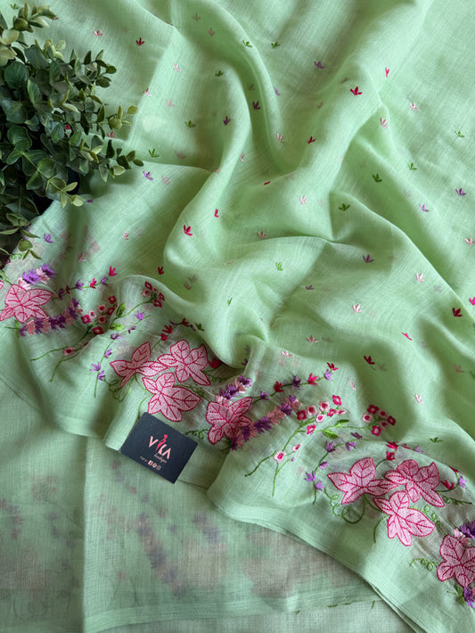 Kana machine emb linen cotton saree