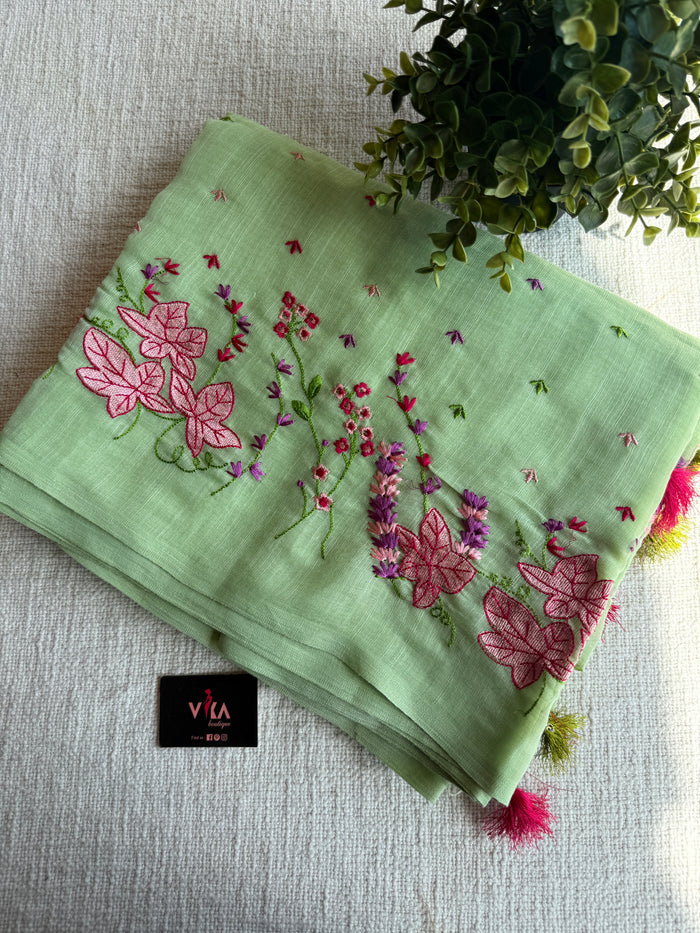 Kana machine emb linen cotton saree