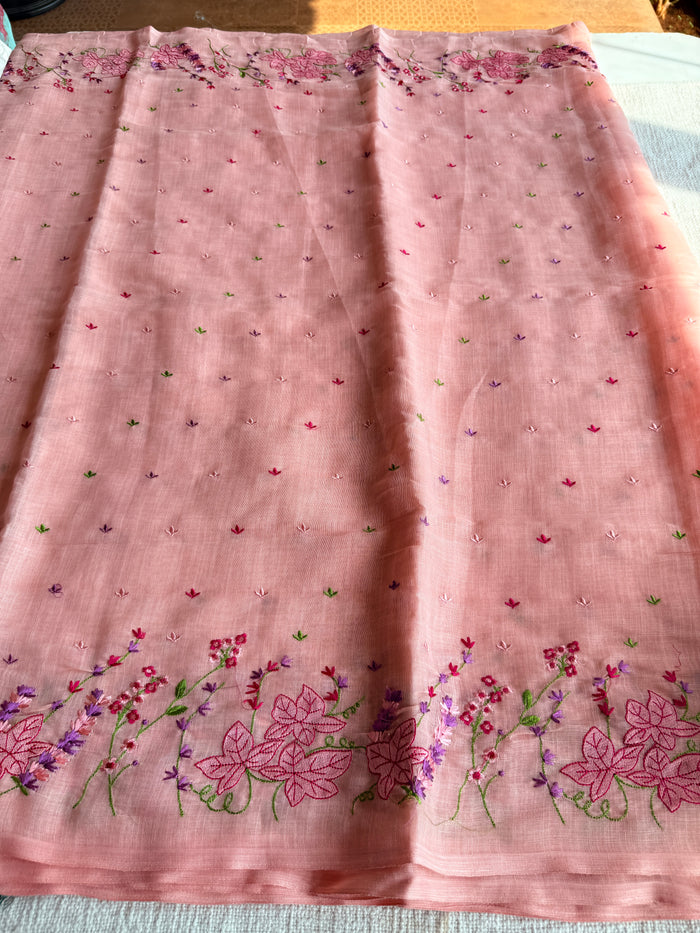 Kana machine emb linen cotton saree