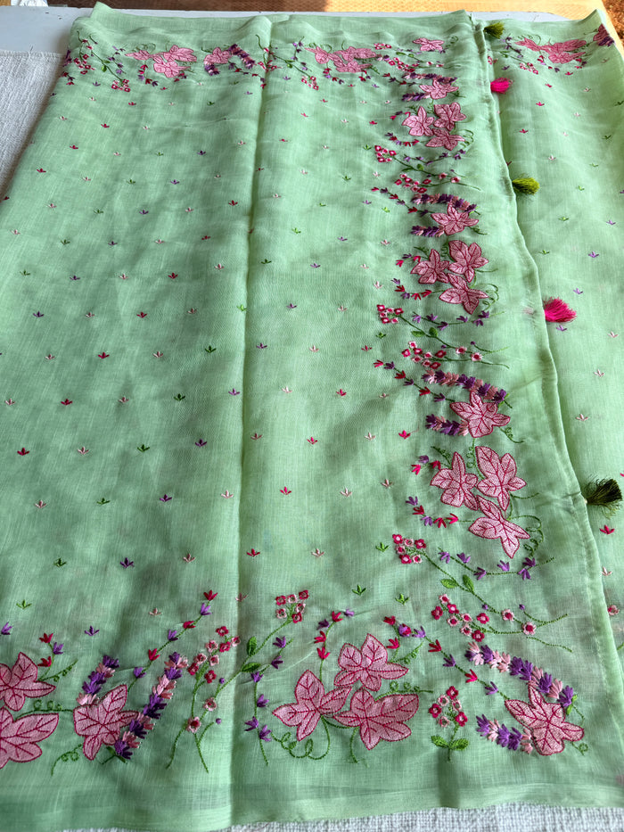 Kana machine emb linen cotton saree